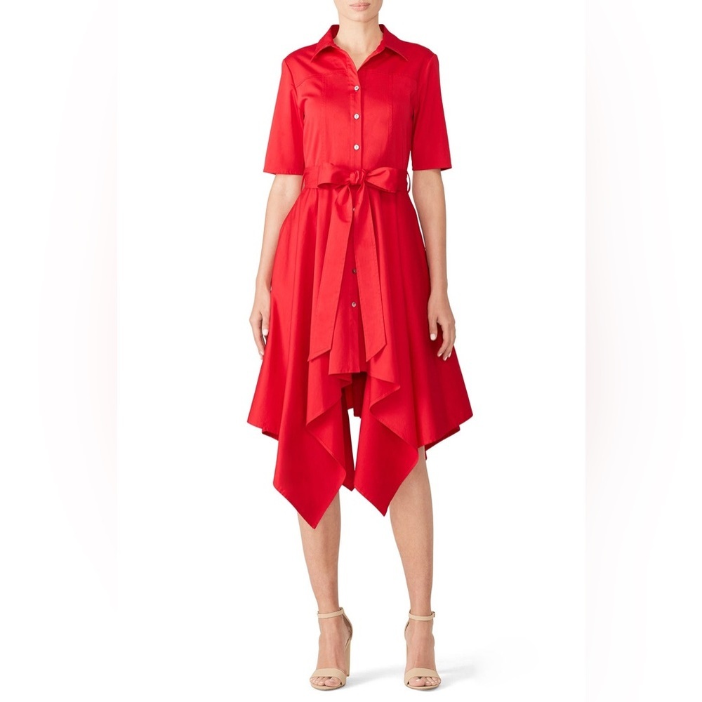 Badgley Mischka Red Asymmetrical Handkerchief Hem Shirt Dress Size 8 *PROJECT* - Picture 2 of 10